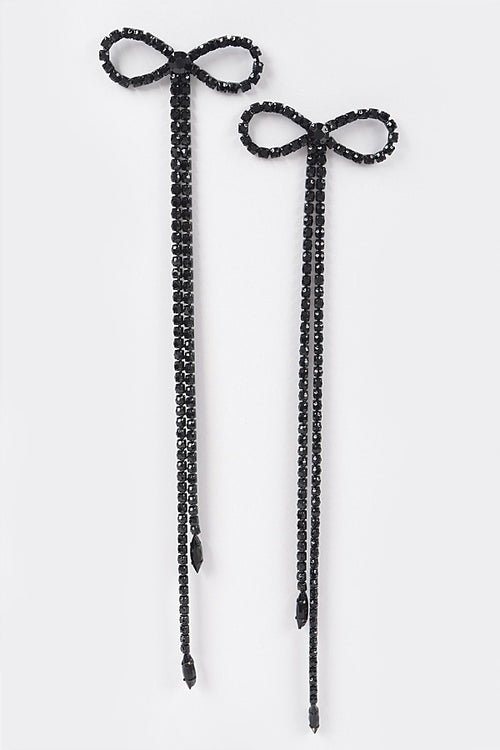 BLACK RHINESTONE BOWTIE FRINGE EARRINGS